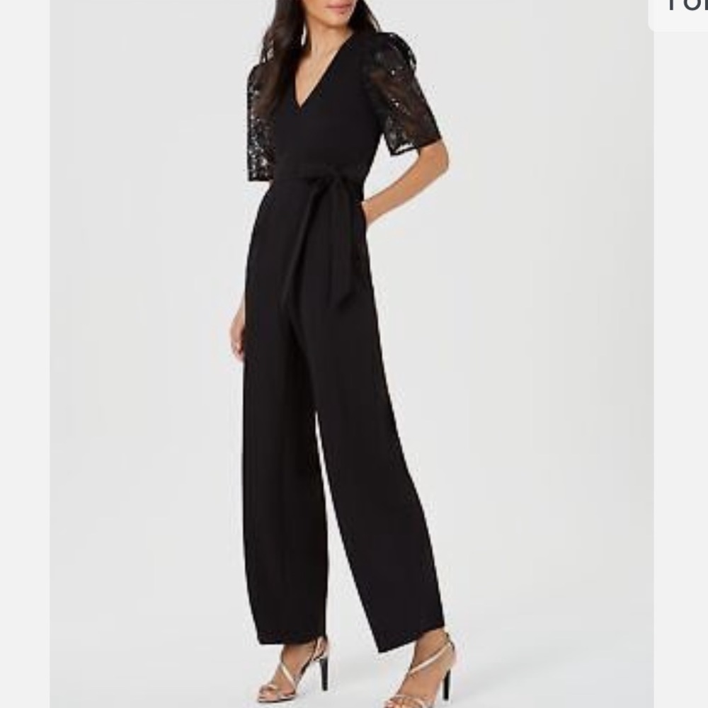 CALVIN KLEIN Black Belted Mesh Sleeves With Sequins Wide Leg Jumpsuit Size 2 NWT
